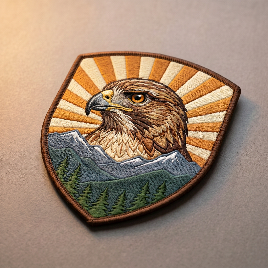 Gestickter Aufnäher als Wappen-Patch mit Falke, Sonne und Bergen und gekettelter Umrandung
