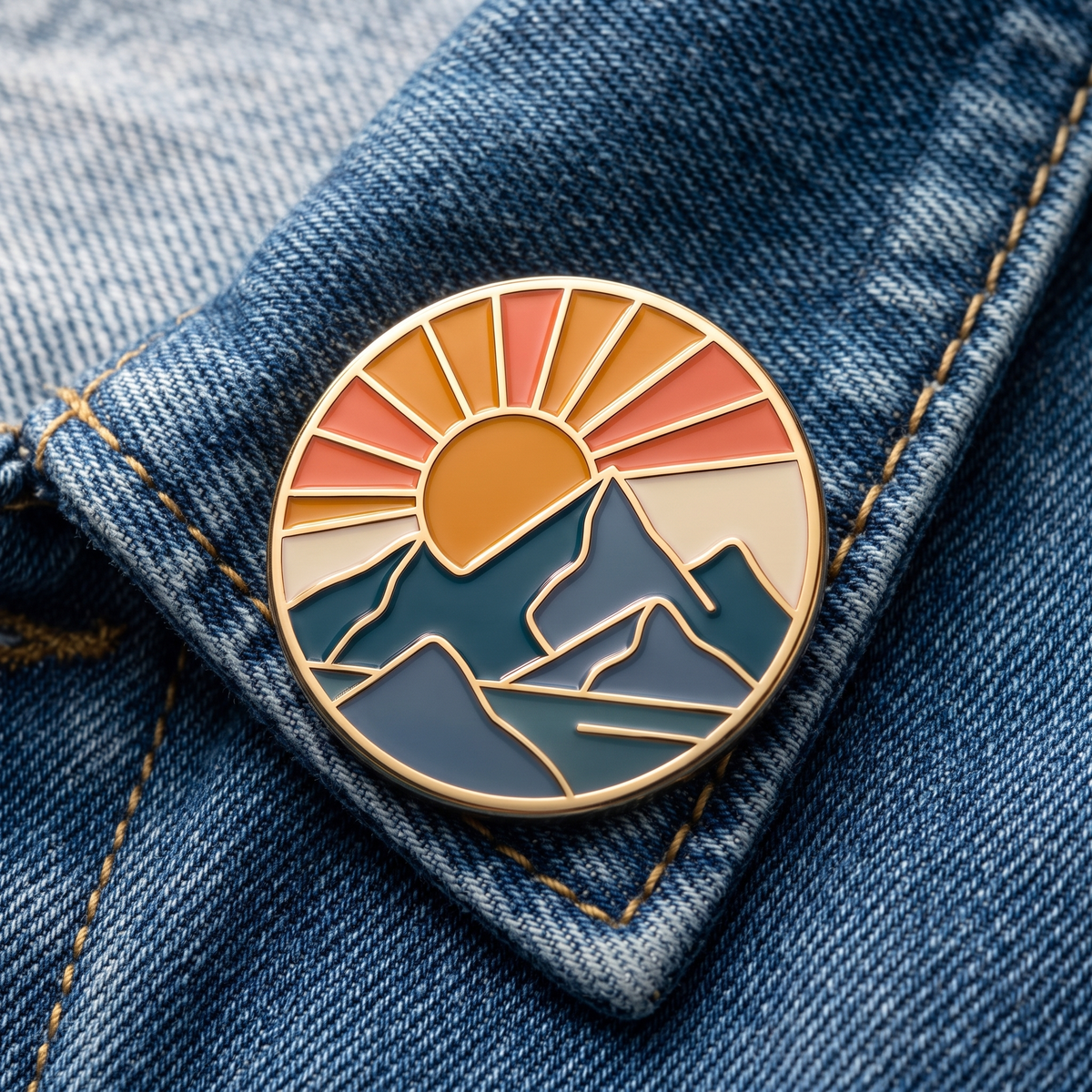 Emaille-Pin am Kragen einer Jeansjacke