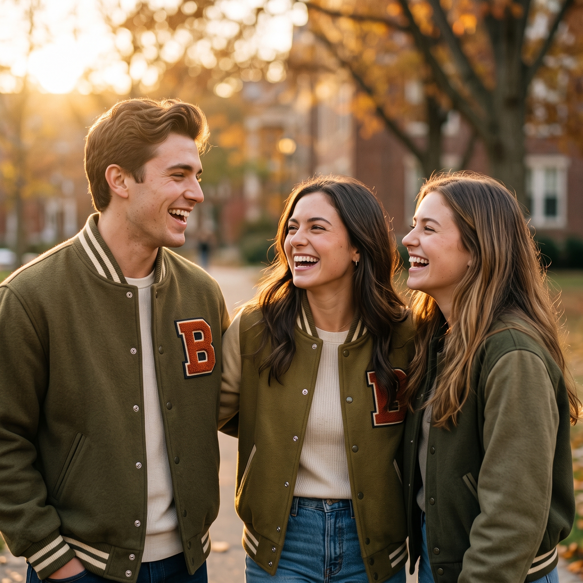Drei Schüler in College-Jacken mit Chenille-Patches