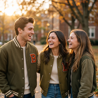 Drei Schüler in College-Jacken mit Chenille-Patches