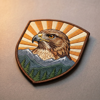Gestickter Aufnäher als Wappen-Patch mit Falke, Sonne und Bergen und gekettelter Umrandung