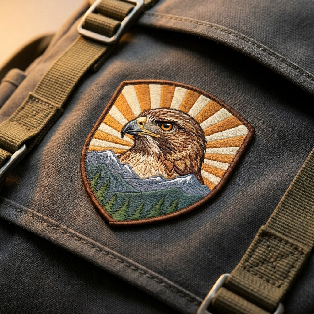 Gestickter Falken-Patch auf grauem Rucksack