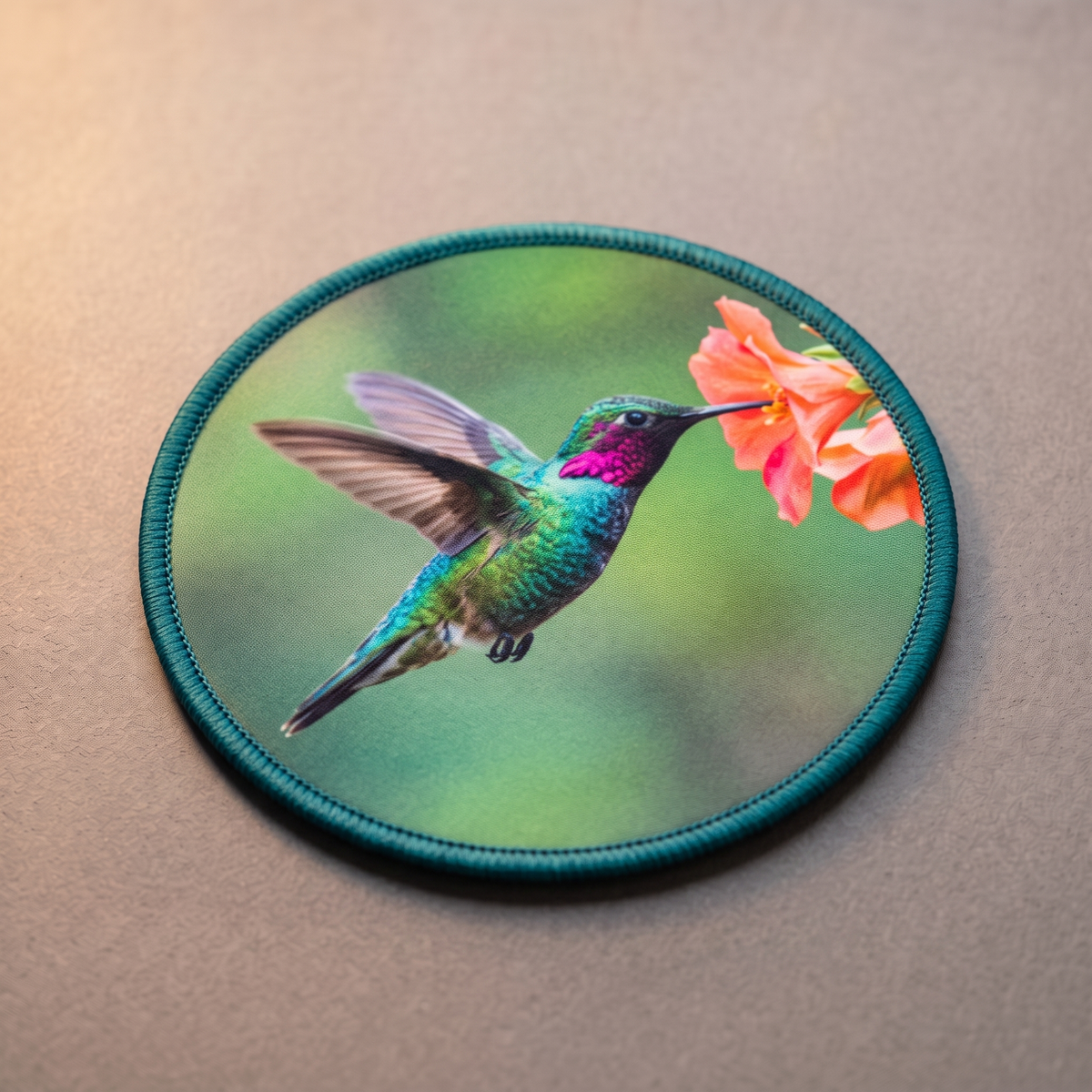 Gedruckter Aufnäher: runder Patch mit farbigem Kolibri und Blumen