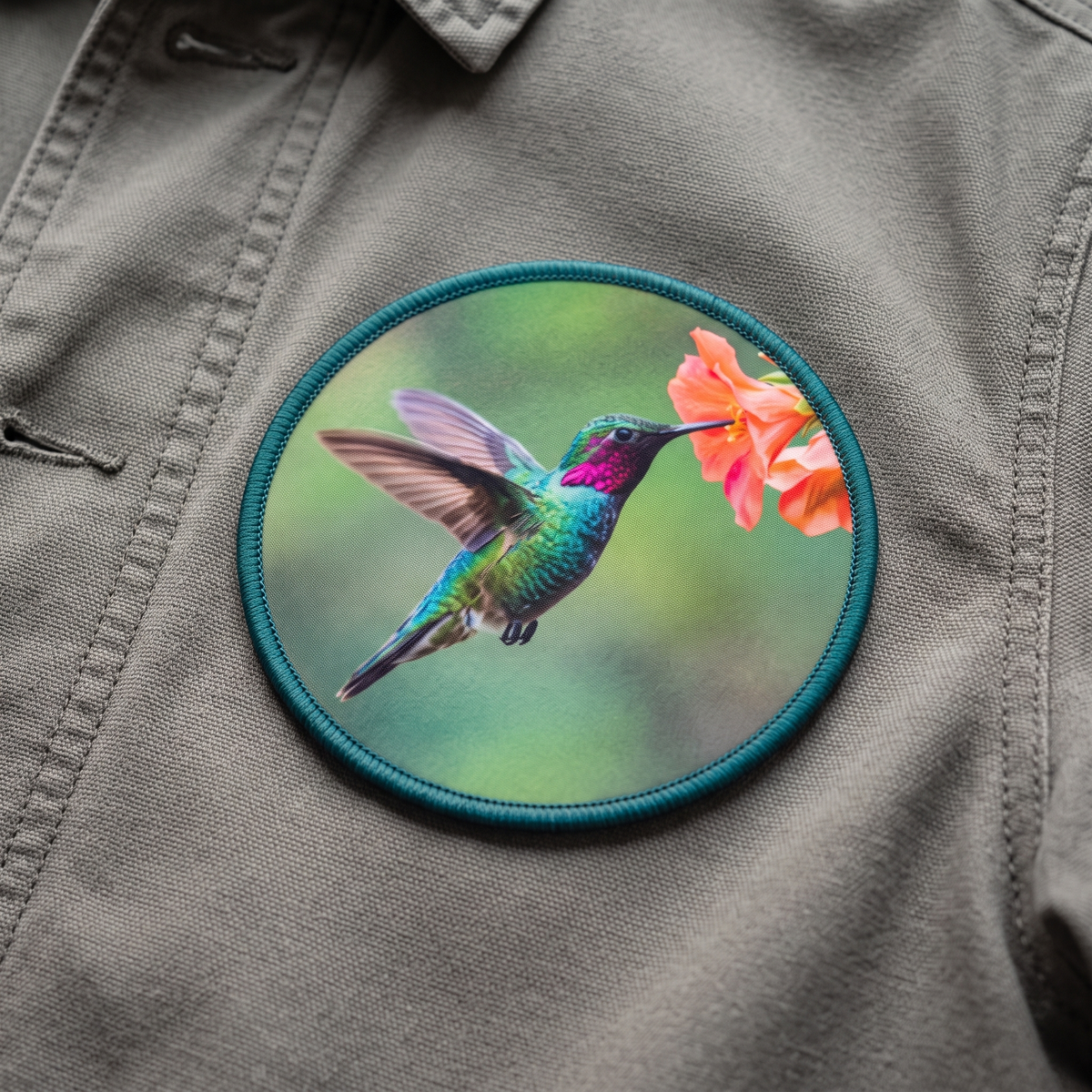 Gedruckter Kolibri-Patch auf grauem Canvas-Hemd